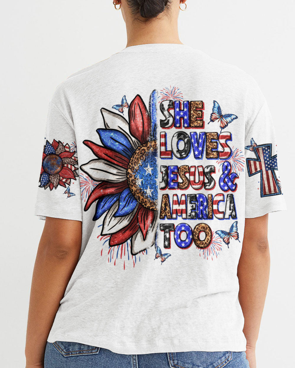 She Loves Jesus and America Women's All Over Print Shirt - Yhln0307234, easychoo.com