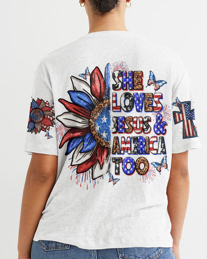 She Loves Jesus and America Women's All Over Print Shirt - Yhln0307234, easychoo.com