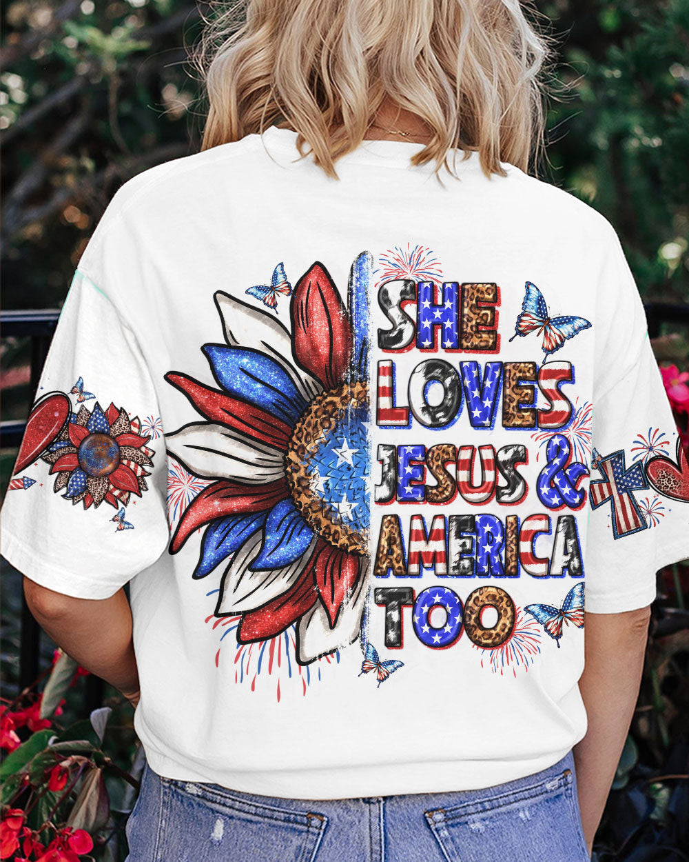 She Loves Jesus and America Women's All Over Print Shirt - Yhln0307234, easychoo.com