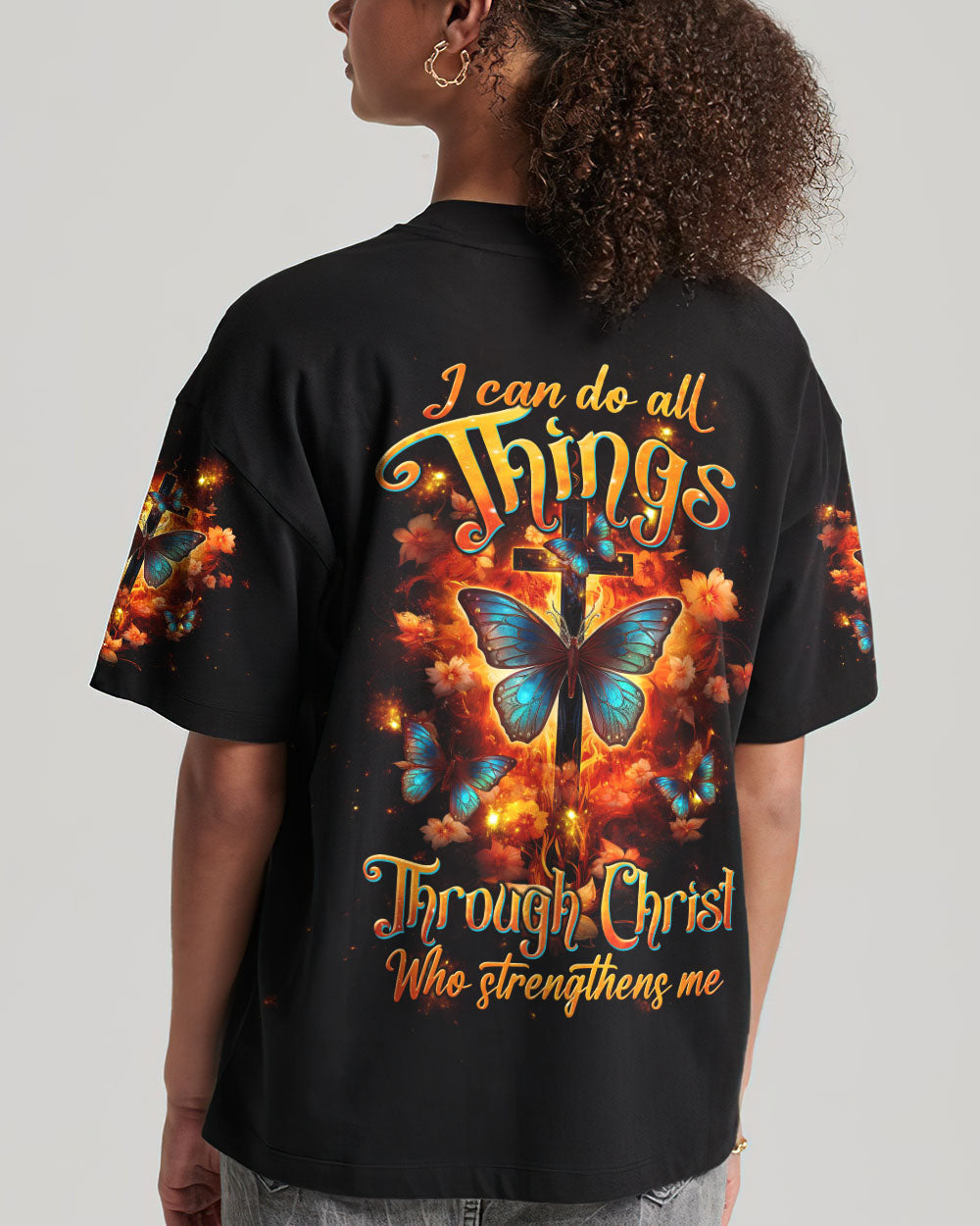 I Can Do All Things Through Christ Butterfly Cross Women's All Over Print Shirt - Tltw1410234, easychoo.com