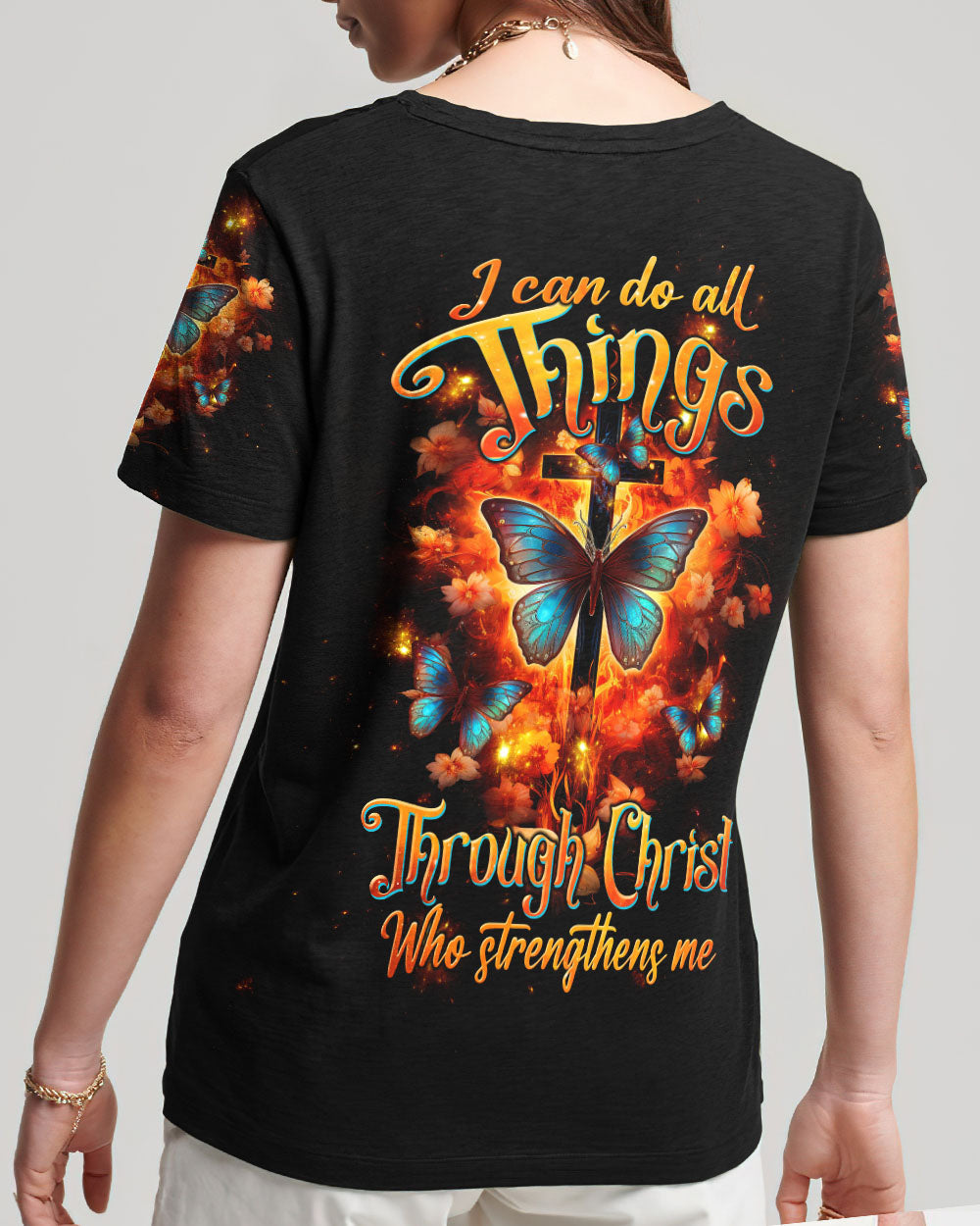 I Can Do All Things Through Christ Butterfly Cross Women's All Over Print Shirt - Tltw1410234, easychoo.com