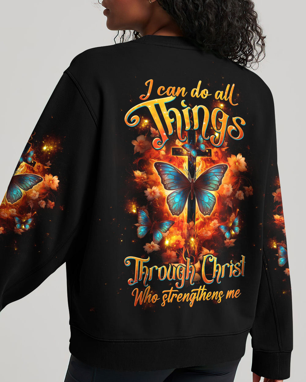 I Can Do All Things Through Christ Butterfly Cross Women's All Over Print Shirt - Tltw1410234, easychoo.com
