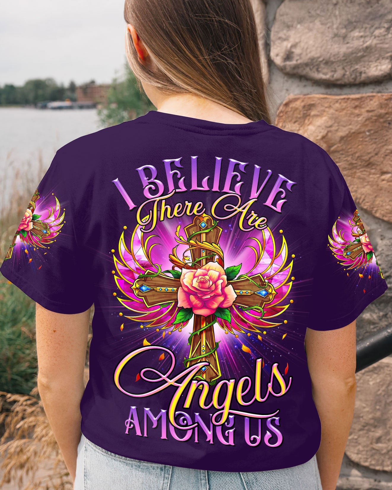 I Believe There Are Angels Among Us Cross Rose Wings Women's All Over Print Shirt - Tltr0307234, easychoo.com