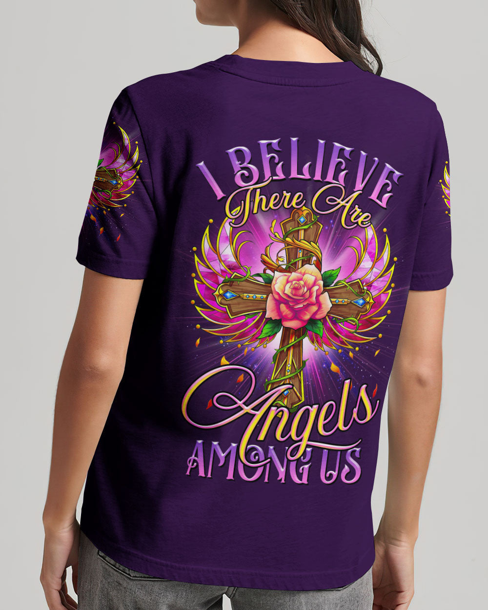 I Believe There Are Angels Among Us Cross Rose Wings Women's All Over Print Shirt - Tltr0307234, easychoo.com