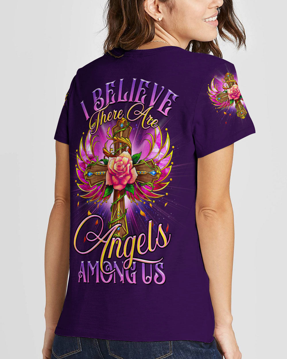 I Believe There Are Angels Among Us Cross Rose Wings Women's All Over Print Shirt - Tltr0307234, easychoo.com