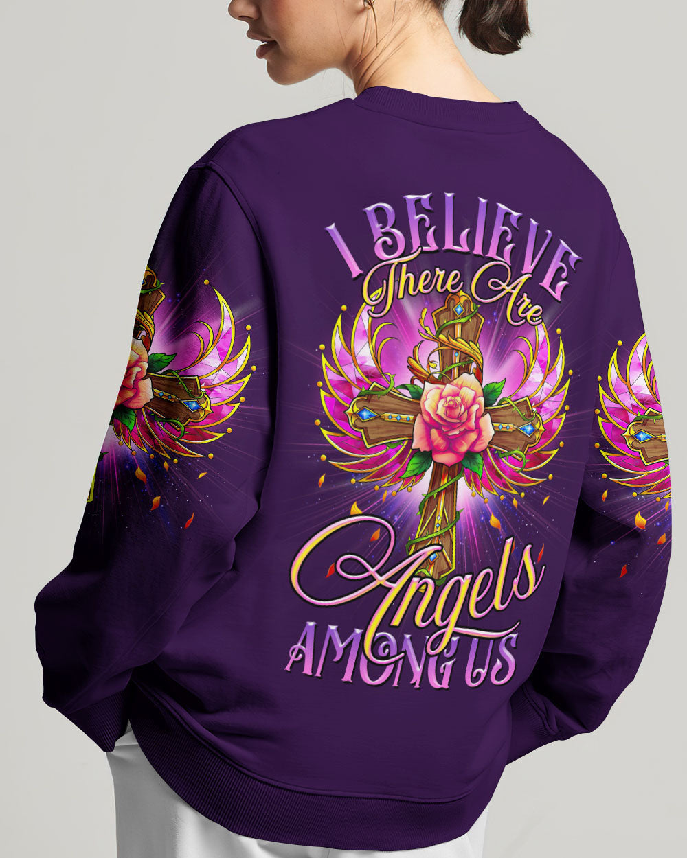 I Believe There Are Angels Among Us Cross Rose Wings Women's All Over Print Shirt - Tltr0307234, easychoo.com