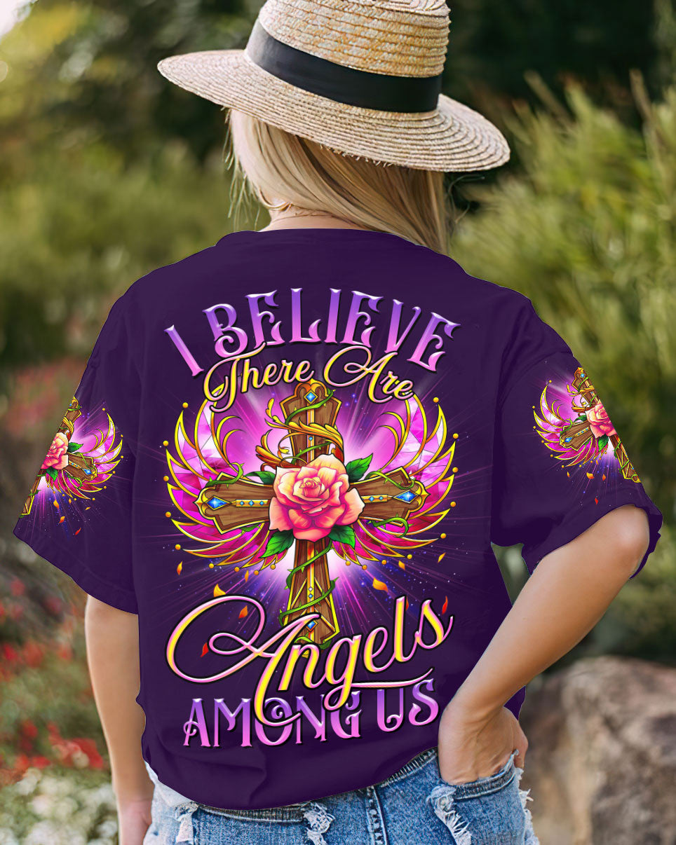I Believe There Are Angels Among Us Cross Rose Wings Women's All Over Print Shirt - Tltr0307234, easychoo.com