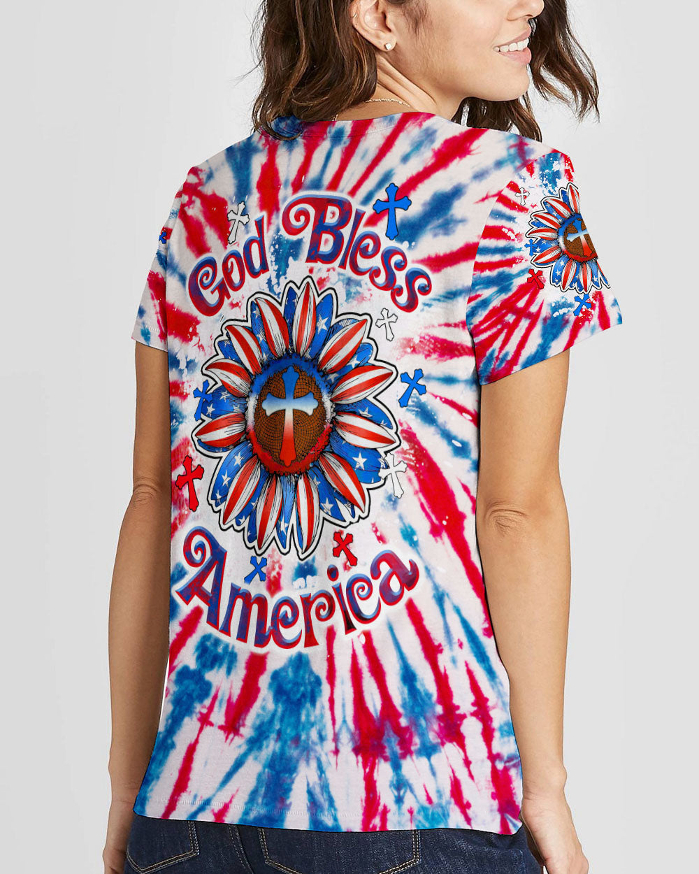 God Bless America Sunflower Tie Dye Women's All Over Print Shirt - Tltw0307234, easychoo.com