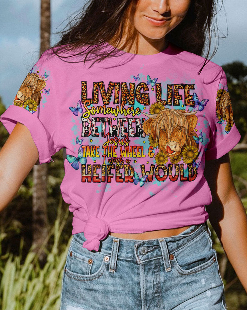 Living Life Somewhere Between Jesus Cow Women's All Over Print Shirt- Tlno1309234, easychoo.com