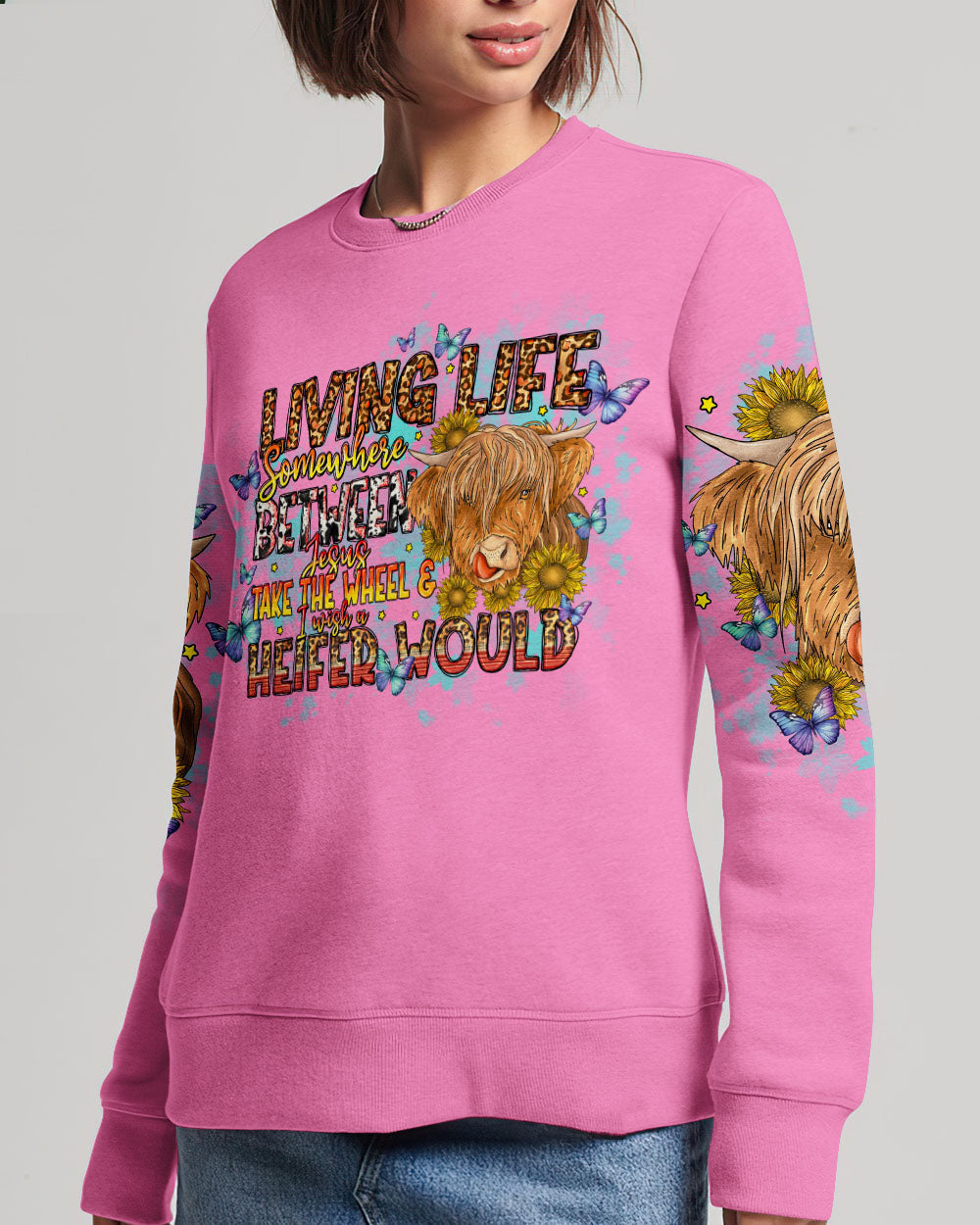 Living Life Somewhere Between Jesus Cow Women's All Over Print Shirt- Tlno1309234, easychoo.com