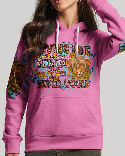 Living Life Somewhere Between Jesus Cow Women's All Over Print Shirt- Tlno1309234, easychoo.com