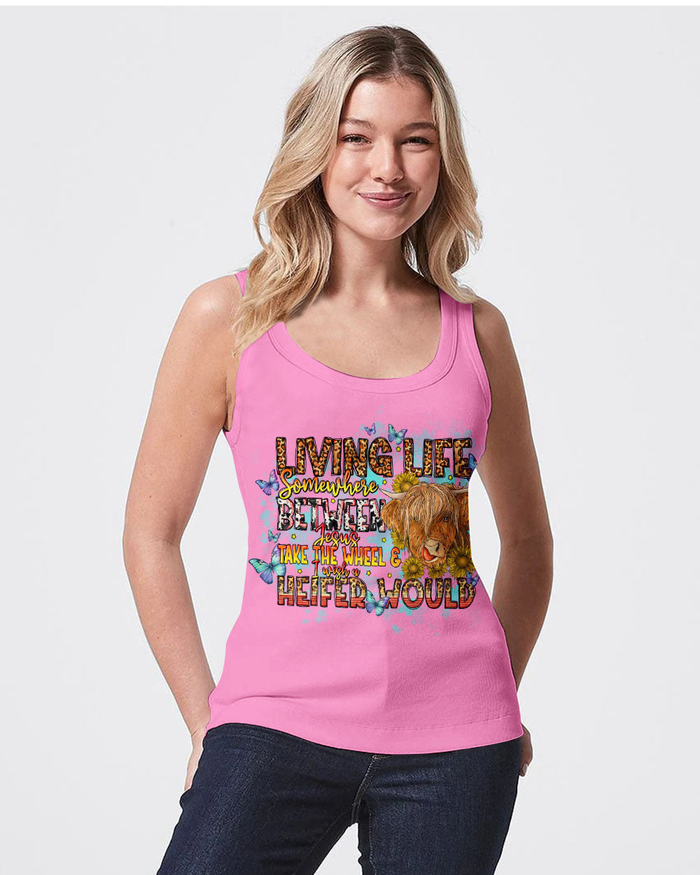 Living Life Somewhere Between Jesus Cow Women's All Over Print Shirt- Tlno1309234, easychoo.com