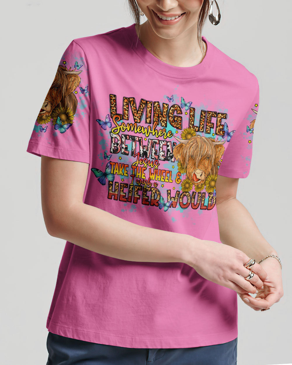 Living Life Somewhere Between Jesus Cow Women's All Over Print Shirt- Tlno1309234, easychoo.com
