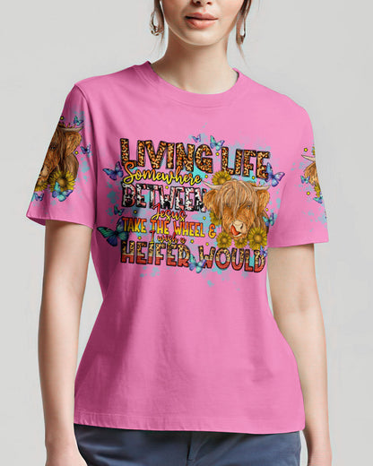 Living Life Somewhere Between Jesus Cow Women's All Over Print Shirt- Tlno1309234, easychoo.com