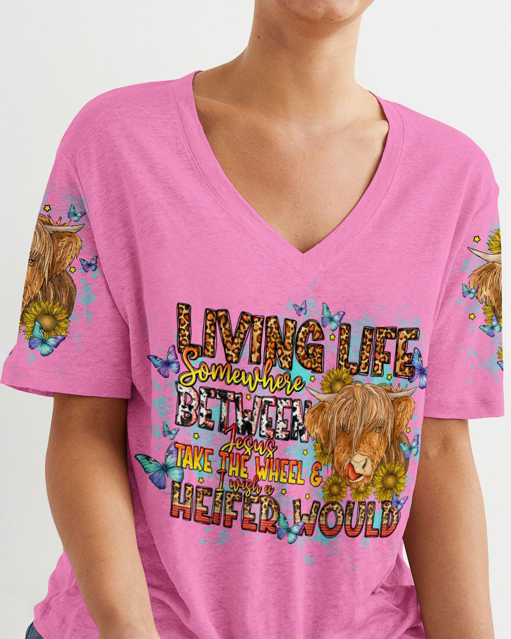 Living Life Somewhere Between Jesus Cow Women's All Over Print Shirt- Tlno1309234, easychoo.com