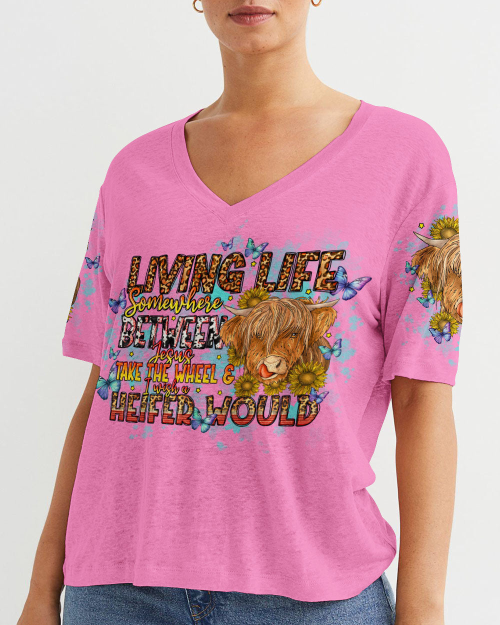 Living Life Somewhere Between Jesus Cow Women's All Over Print Shirt- Tlno1309234, easychoo.com
