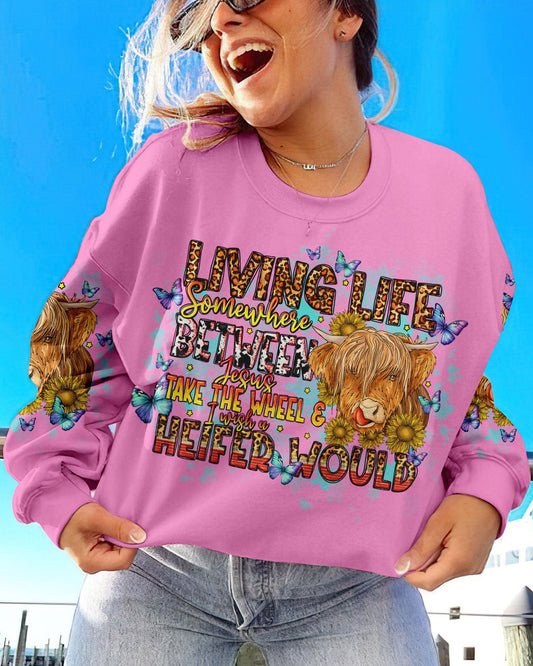 Living Life Somewhere Between Jesus Cow Women's All Over Print Shirt- Tlno1309234, easychoo.com