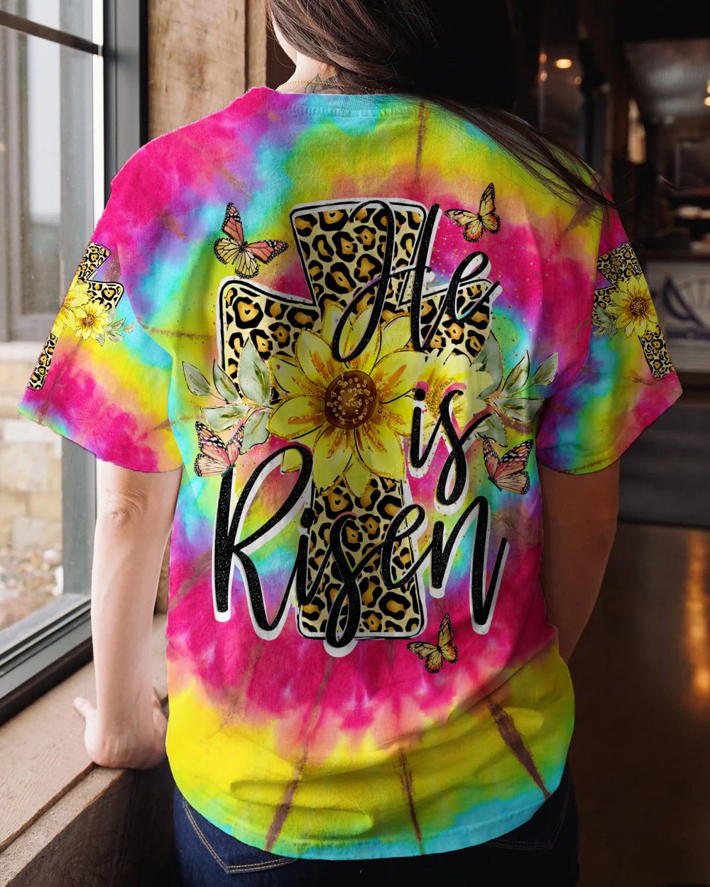He Is Risen Cross With Sunflowers Tie Dye Women's All Over Print Shirt - Tytd0707231, easychoo.com