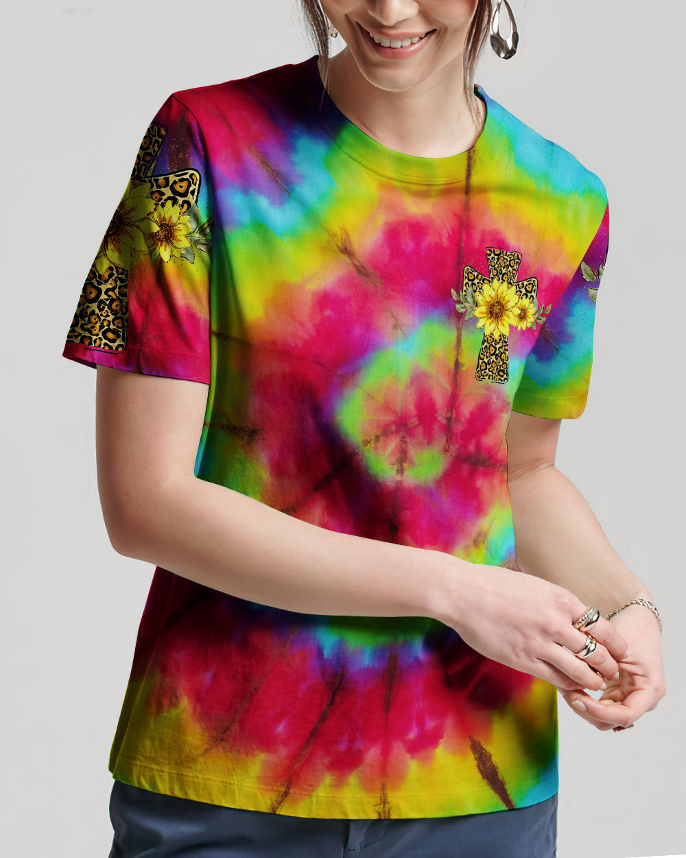 He Is Risen Cross With Sunflowers Tie Dye Women's All Over Print Shirt - Tytd0707231, easychoo.com