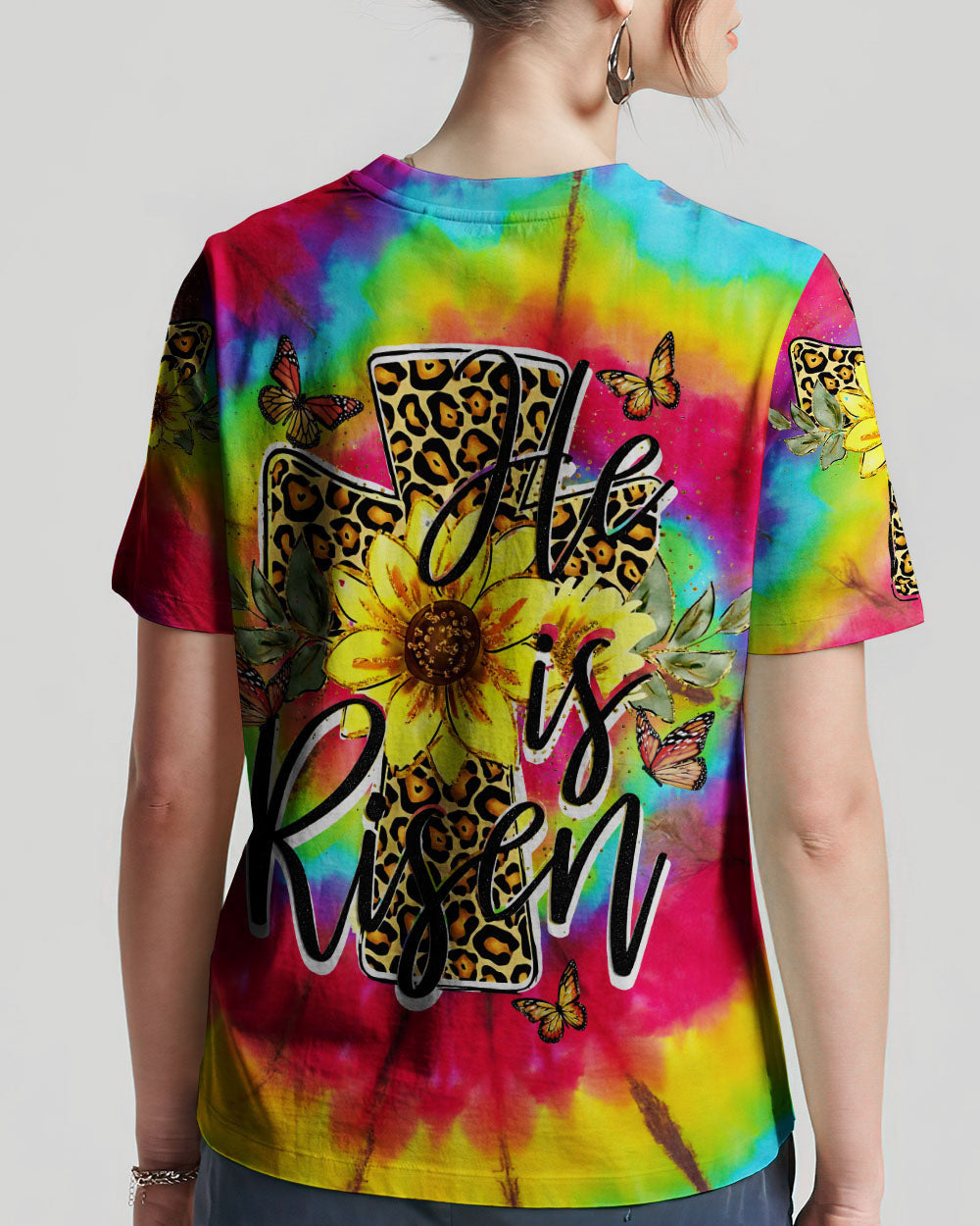 He Is Risen Cross With Sunflowers Tie Dye Women's All Over Print Shirt - Tytd0707231, easychoo.com