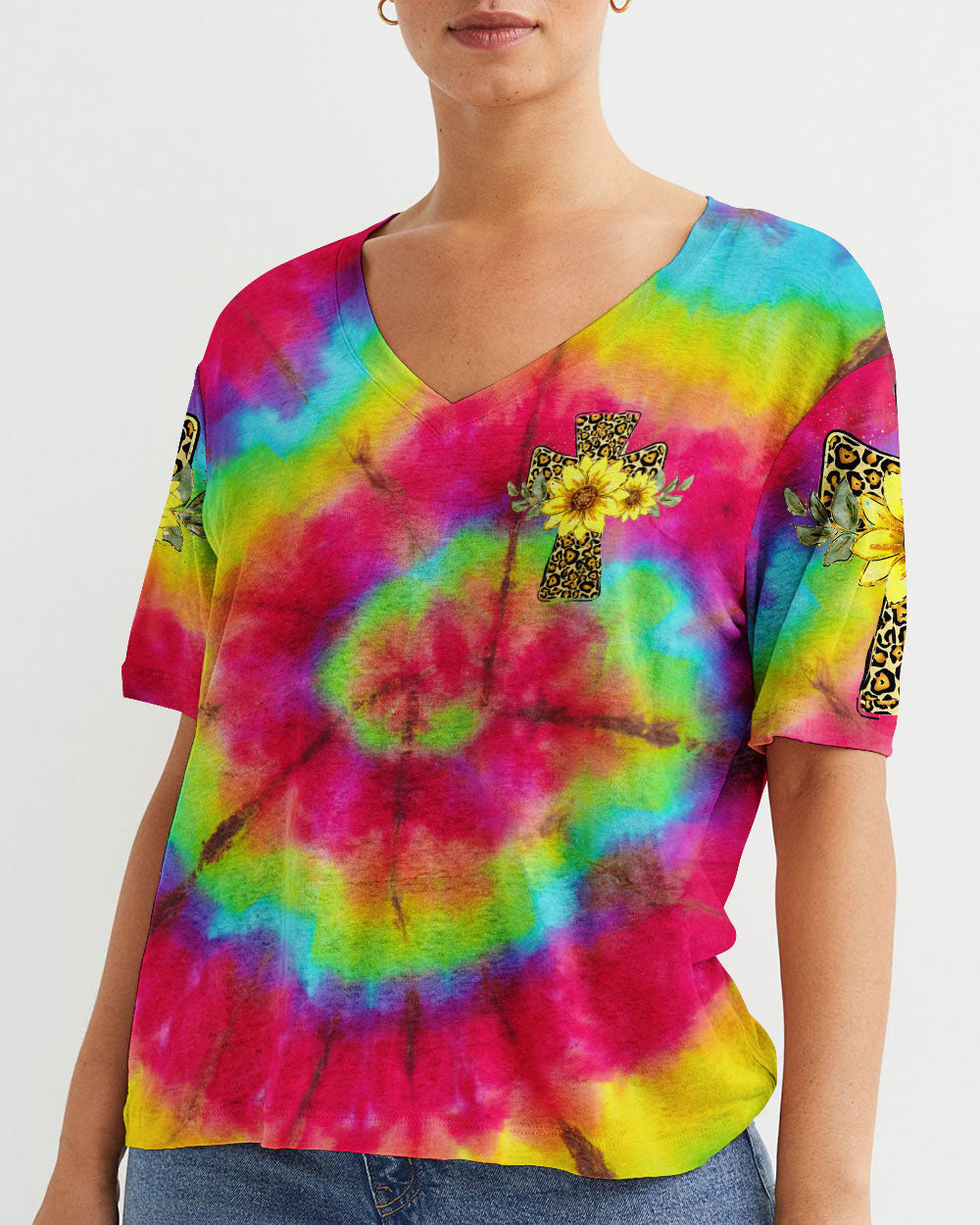He Is Risen Cross With Sunflowers Tie Dye Women's All Over Print Shirt - Tytd0707231, easychoo.com
