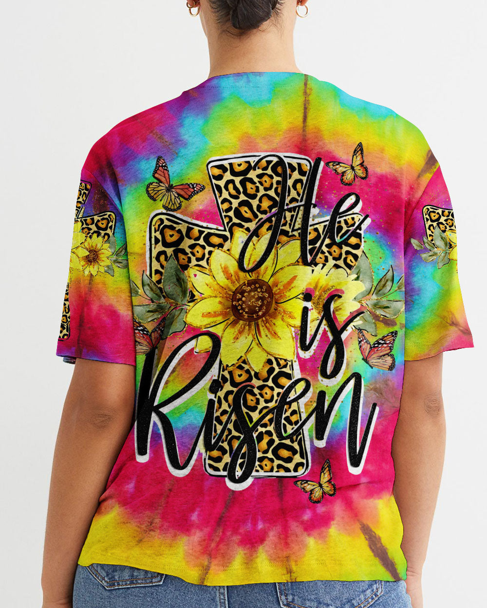 He Is Risen Cross With Sunflowers Tie Dye Women's All Over Print Shirt - Tytd0707231, easychoo.com