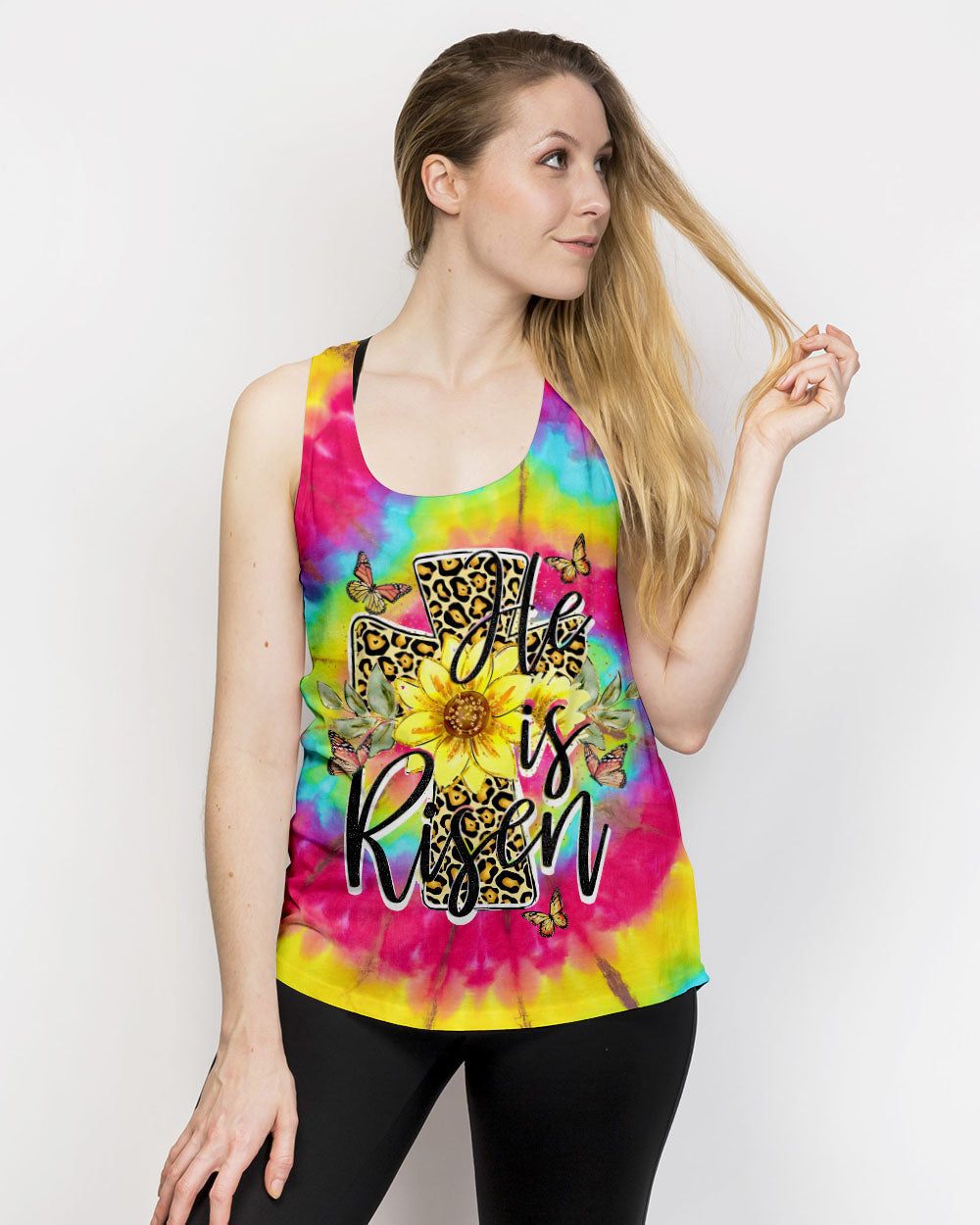 He Is Risen Cross With Sunflowers Tie Dye Women's All Over Print Shirt - Tytd0707231, easychoo.com
