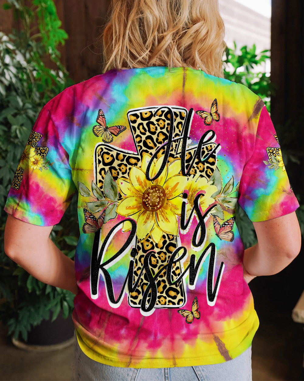 He Is Risen Cross With Sunflowers Tie Dye Women's All Over Print Shirt - Tytd0707231, easychoo.com