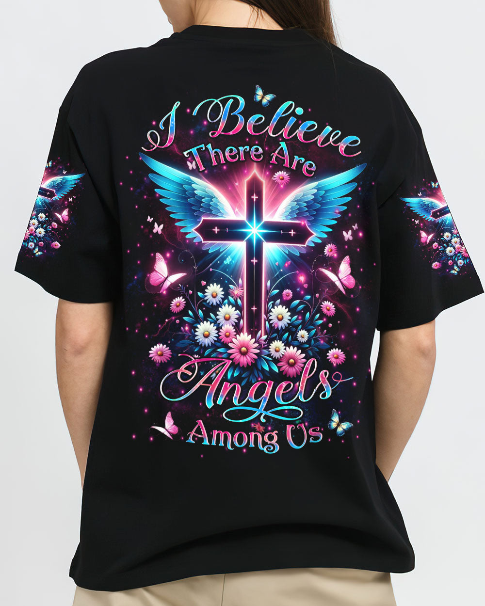 I Believe There Are Angels Among Us Cross Wings Women's All Over Print Shirt - Yhlt0204242, easychoo.com