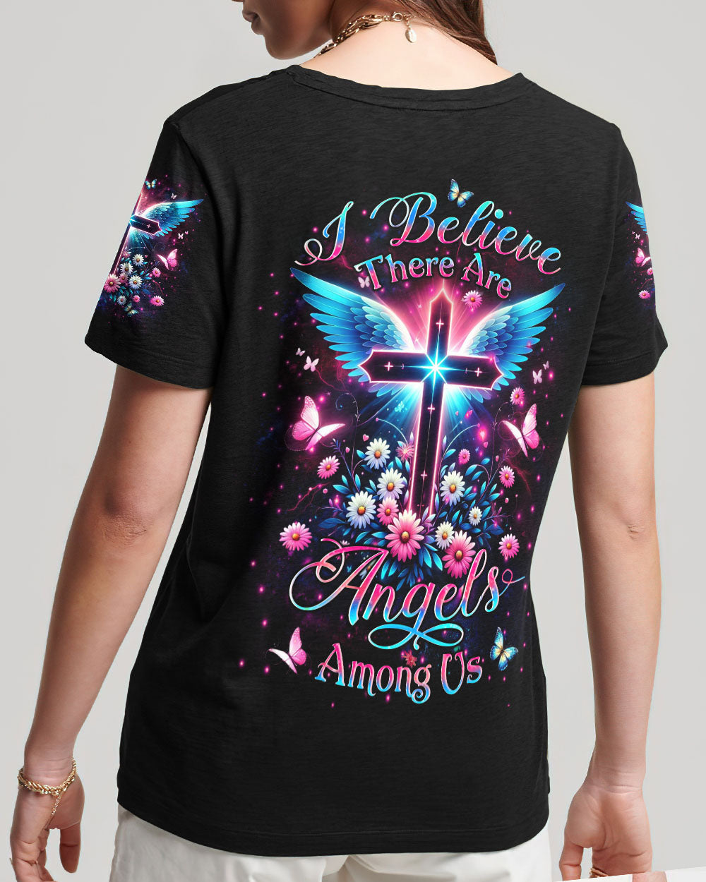 I Believe There Are Angels Among Us Cross Wings Women's All Over Print Shirt - Yhlt0204242, easychoo.com