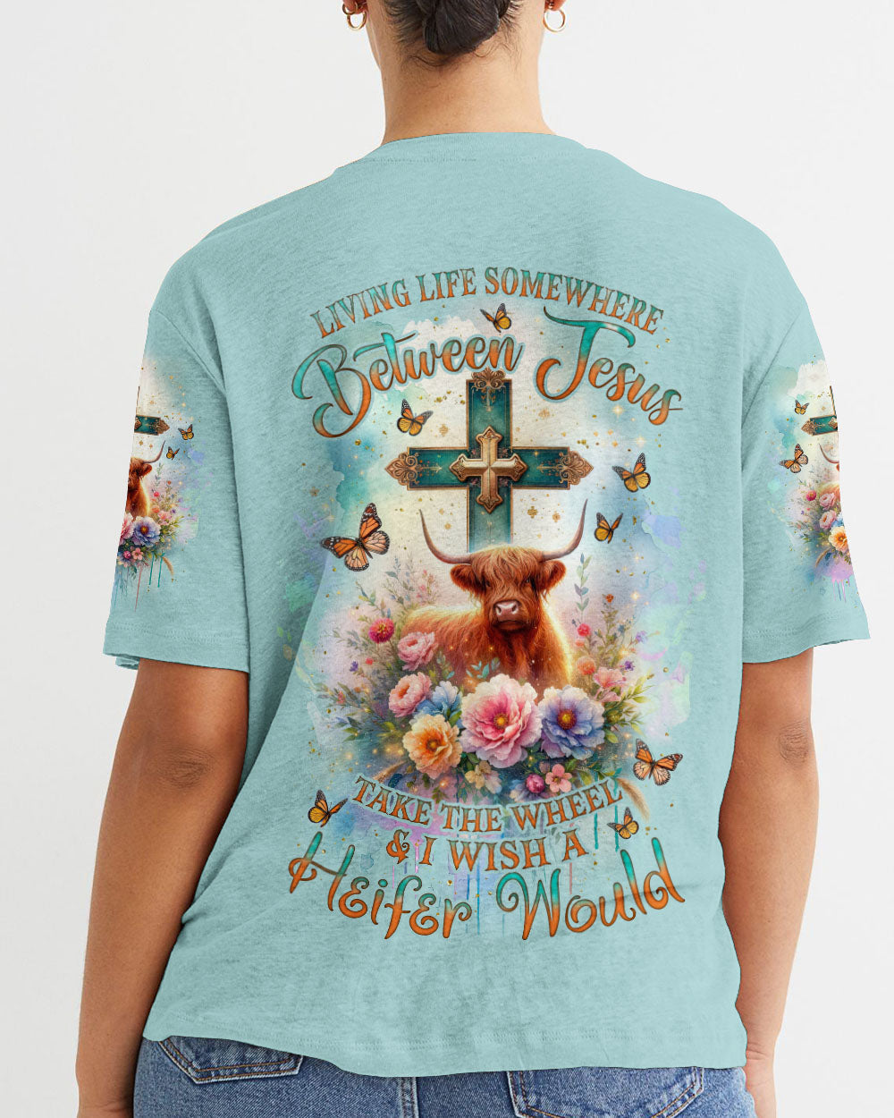 Living Life Somewhere Between Jesus Cow Women's All Over Print Shirt- Tlnz2411233, easychoo.com