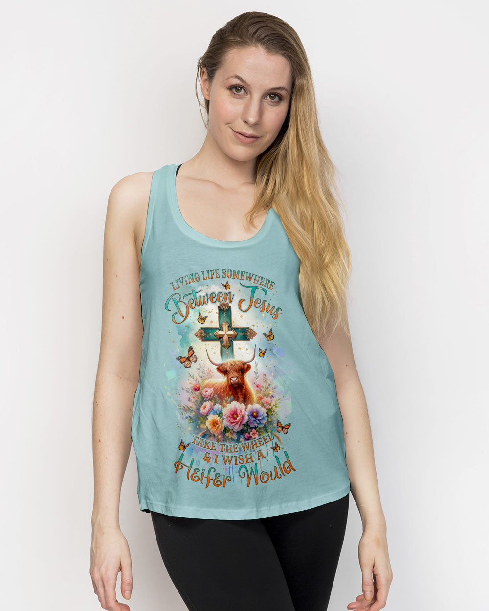 Living Life Somewhere Between Jesus Cow Women's All Over Print Shirt- Tlnz2411233, easychoo.com