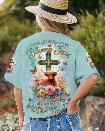 Living Life Somewhere Between Jesus Cow Women's All Over Print Shirt- Tlnz2411233, easychoo.com