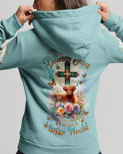 Living Life Somewhere Between Jesus Cow Women's All Over Print Shirt- Tlnz2411233, easychoo.com