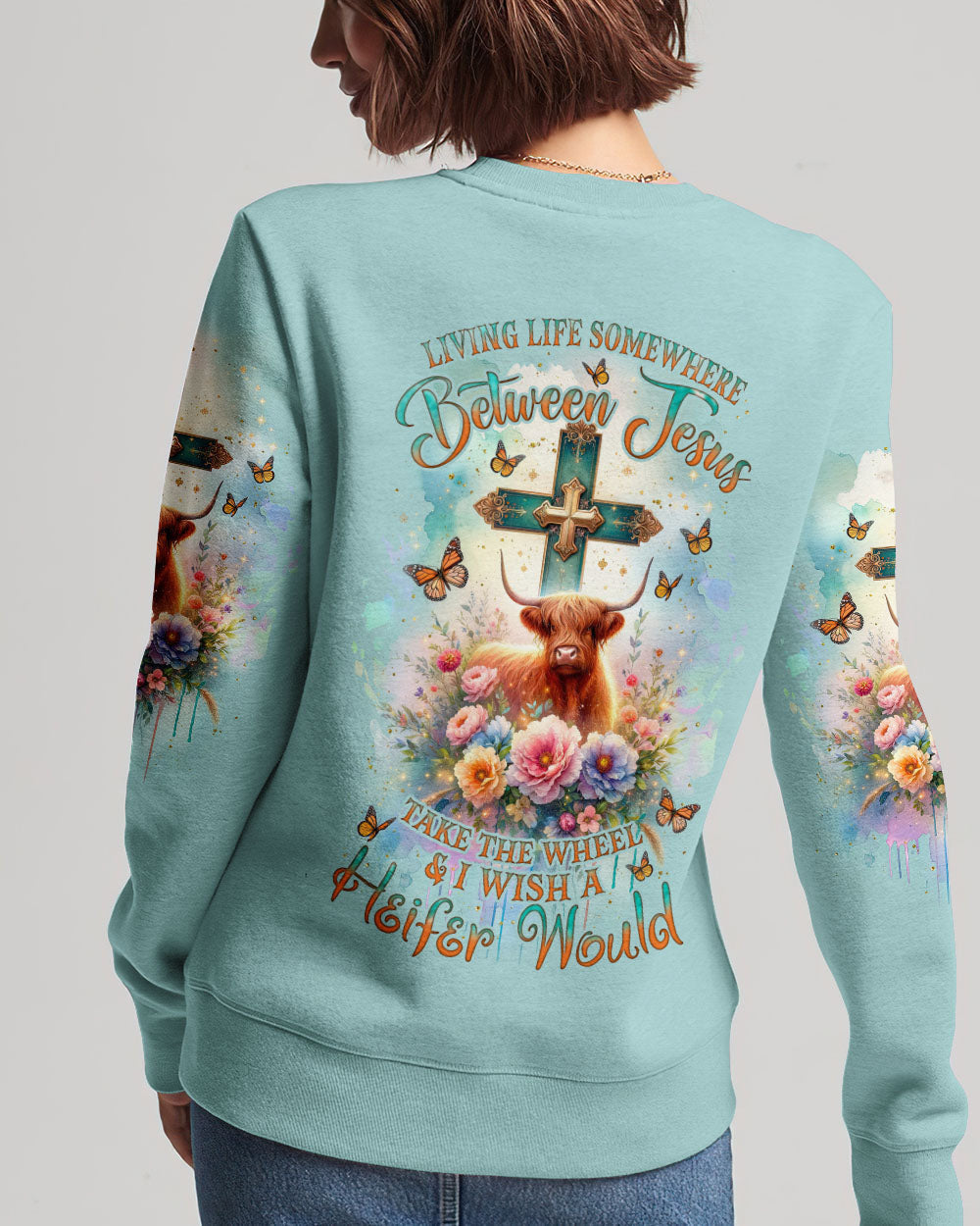 Living Life Somewhere Between Jesus Cow Women's All Over Print Shirt- Tlnz2411233, easychoo.com