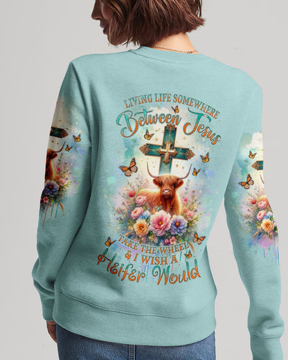 Living Life Somewhere Between Jesus Cow Women's All Over Print Shirt- Tlnz2411233, easychoo.com