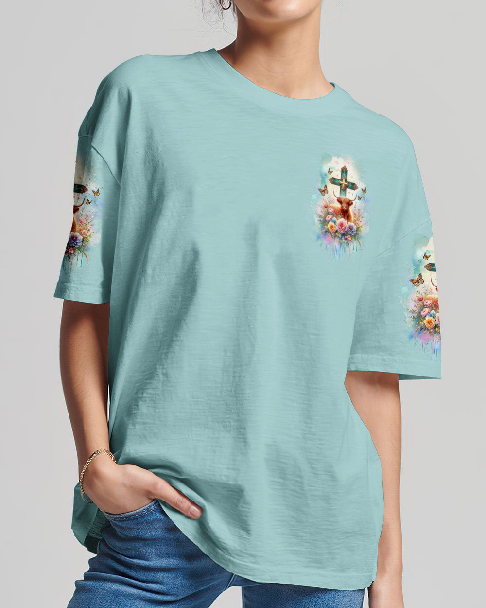 Living Life Somewhere Between Jesus Cow Women's All Over Print Shirt- Tlnz2411233, easychoo.com