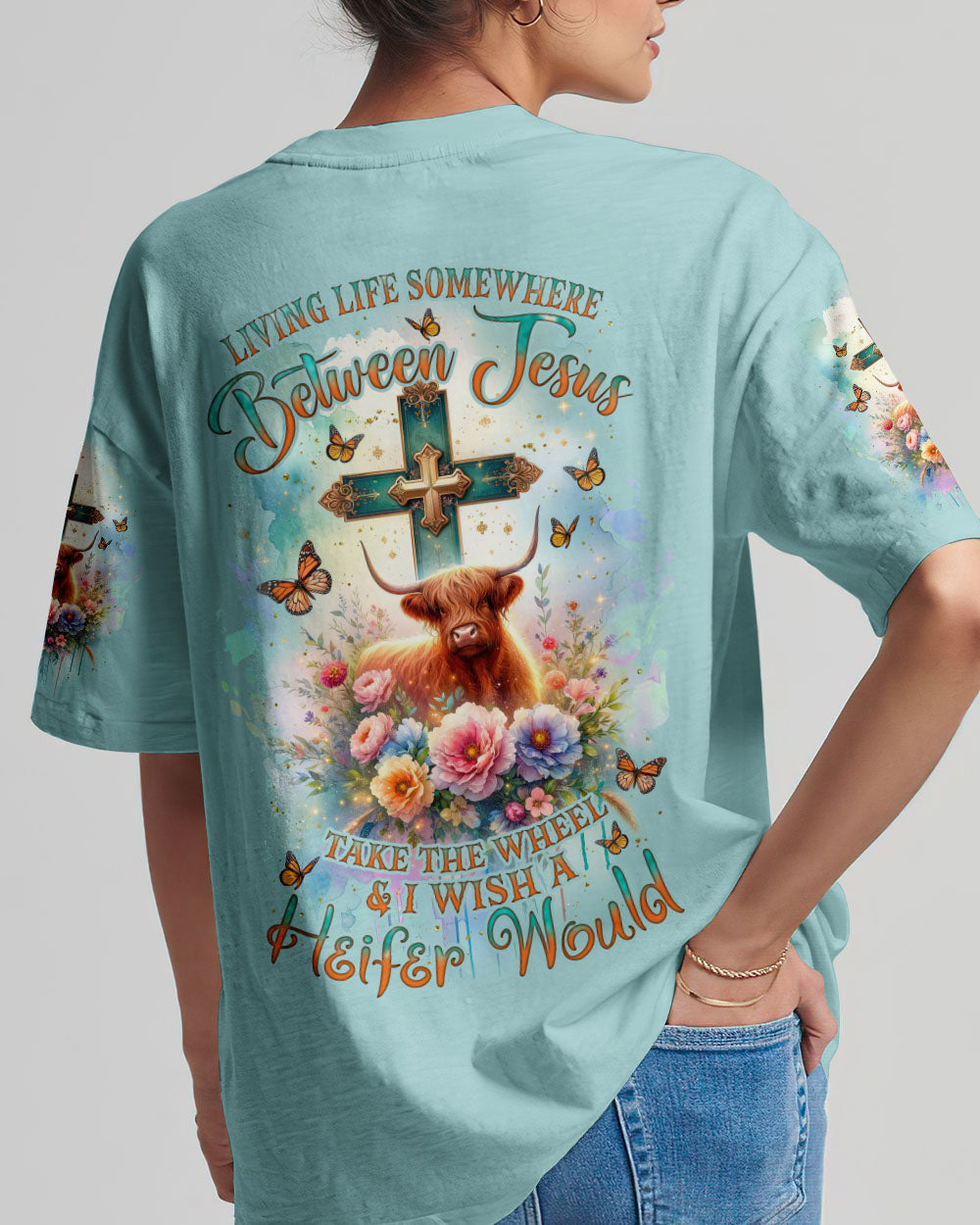 Living Life Somewhere Between Jesus Cow Women's All Over Print Shirt- Tlnz2411233, easychoo.com