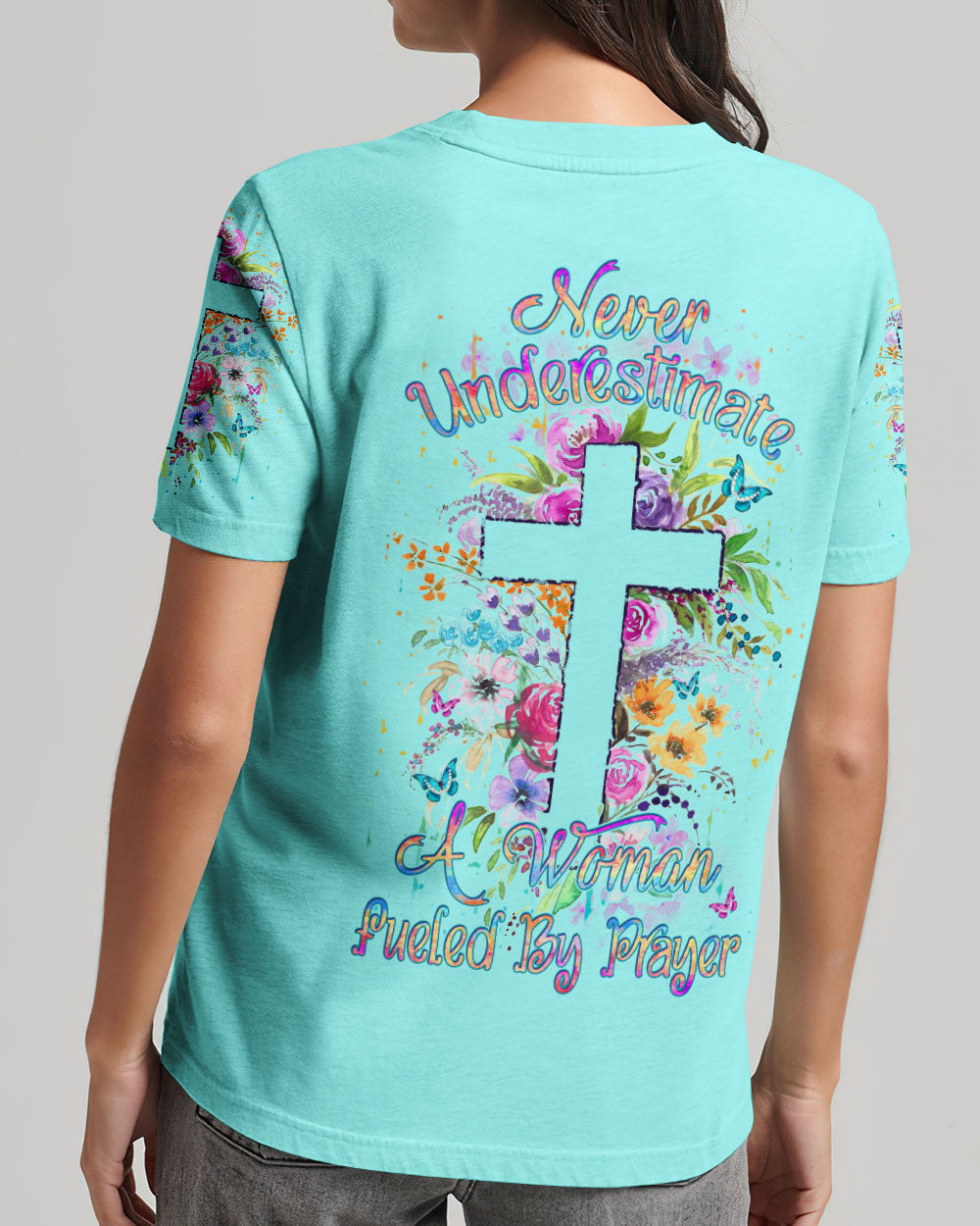 Never Underestimate A Woman Fueled By Prayer Women's All Over Print Shirt - Yhdu1708232, easychoo.com