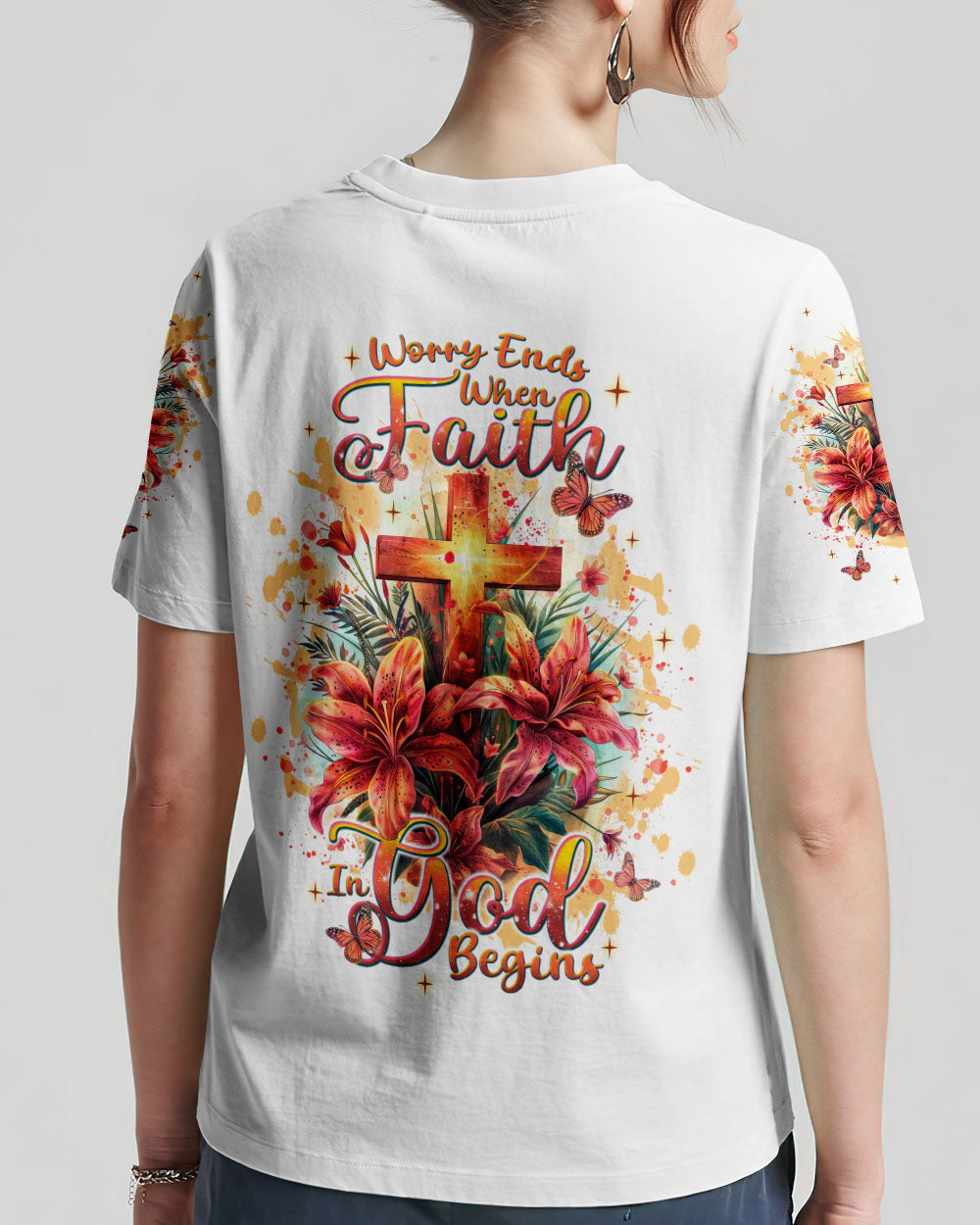 Worry Ends When Faith In God Begins Lilies Women's All Over Print Shirt - Tlnt2204244, easychoo.com