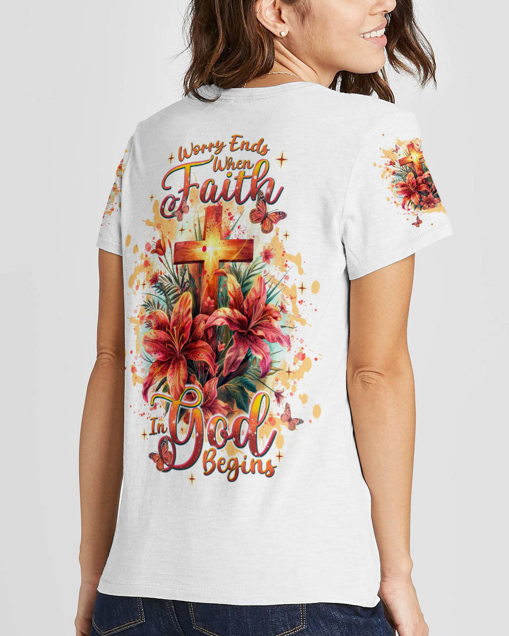 Worry Ends When Faith In God Begins Lilies Women's All Over Print Shirt - Tlnt2204244, easychoo.com