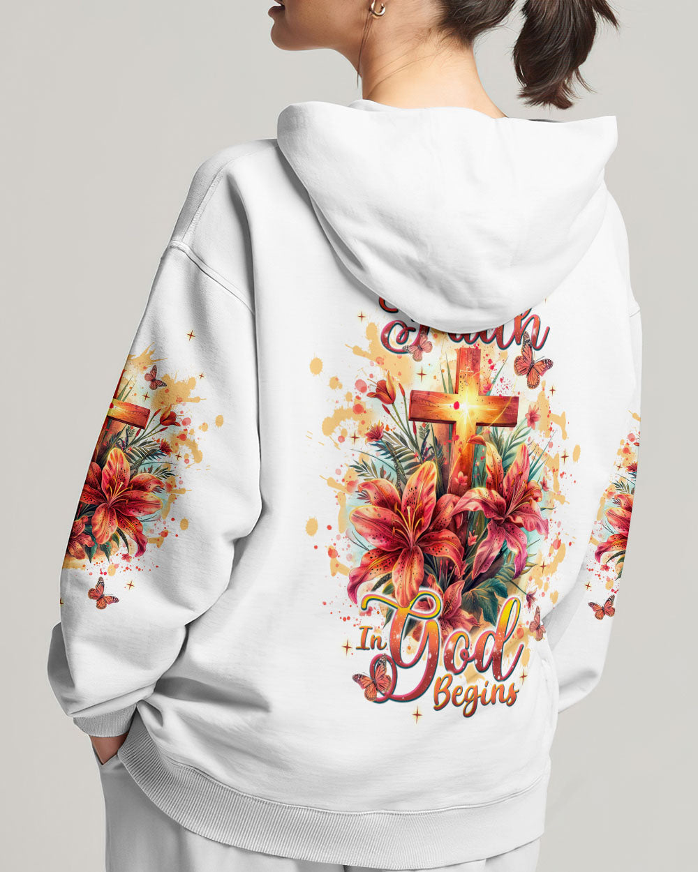 Worry Ends When Faith In God Begins Lilies Women's All Over Print Shirt - Tlnt2204244, easychoo.com