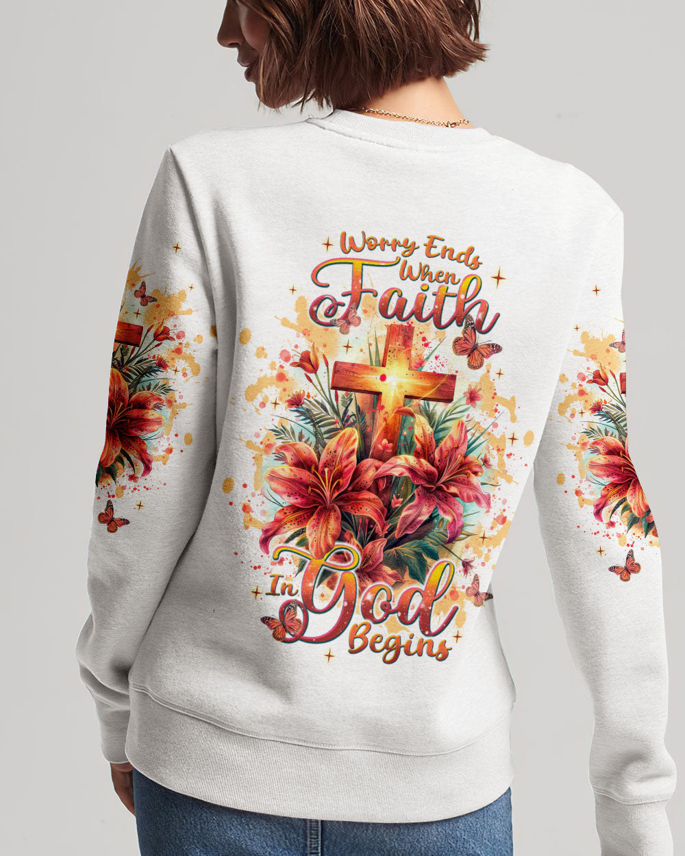 Worry Ends When Faith In God Begins Lilies Women's All Over Print Shirt - Tlnt2204244, easychoo.com