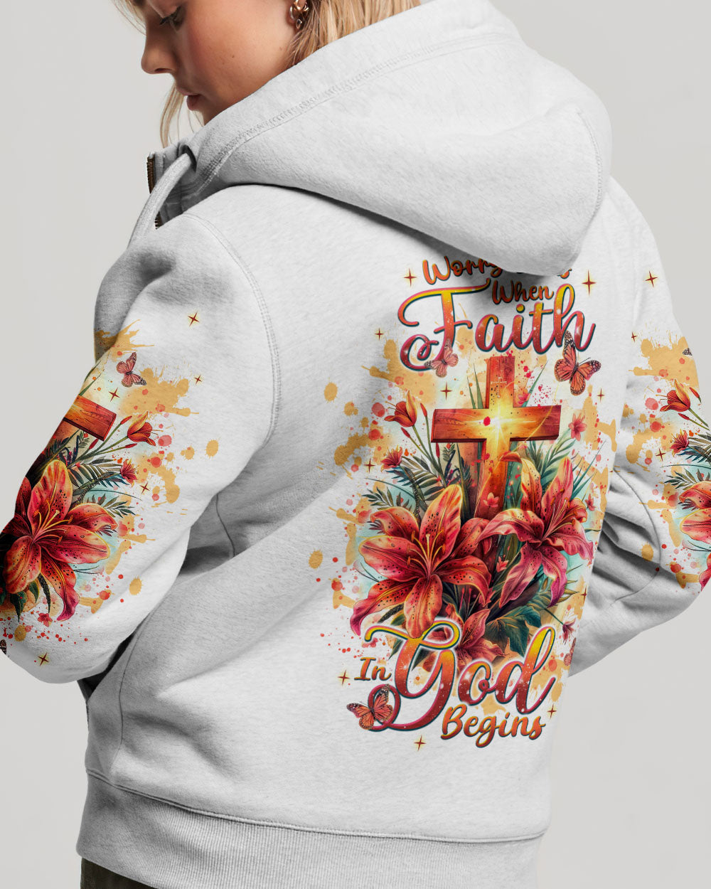 Worry Ends When Faith In God Begins Lilies Women's All Over Print Shirt - Tlnt2204244, easychoo.com