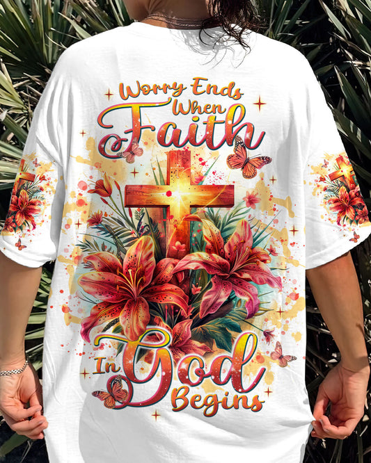 Worry Ends When Faith In God Begins Lilies Women's All Over Print Shirt - Tlnt2204244, easychoo.com