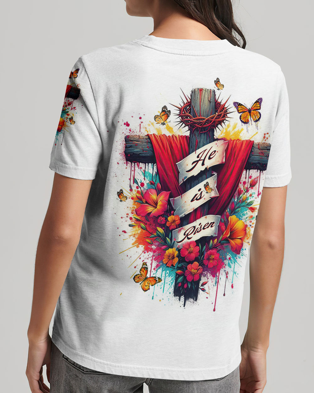 He Is Risen Flower Cross Women's All Over Print Shirt - Tltw2405244, easychoo.com