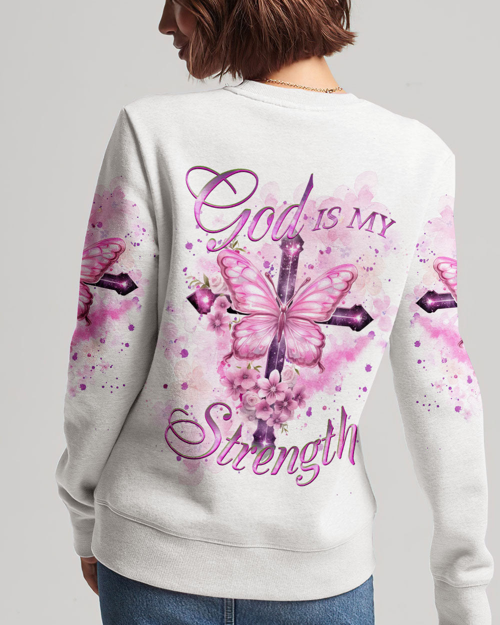 God Is My Strength Cross Butterfly Women's All Over Print Shirt - Yhkd2211231, easychoo.com