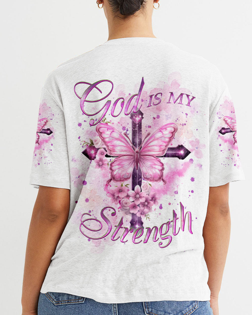 God Is My Strength Cross Butterfly Women's All Over Print Shirt - Yhkd2211231, easychoo.com