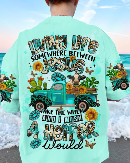 Living Life Somewhere Between Jesus Cow Truck Women's All Over Print Shirt - Tltr2203244, easychoo.com