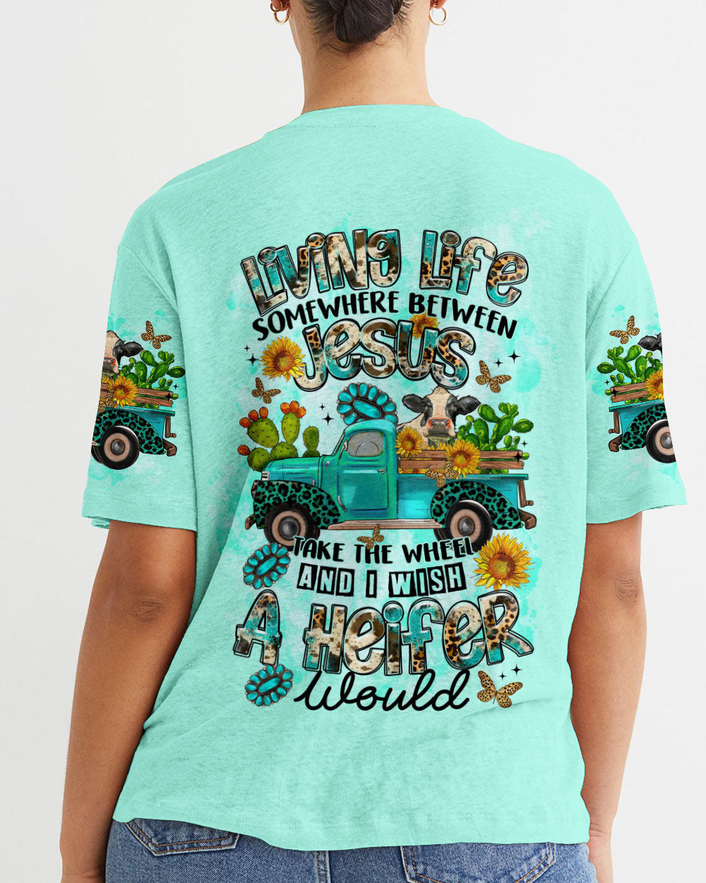 Living Life Somewhere Between Jesus Cow Truck Women's All Over Print Shirt - Tltr2203244, easychoo.com